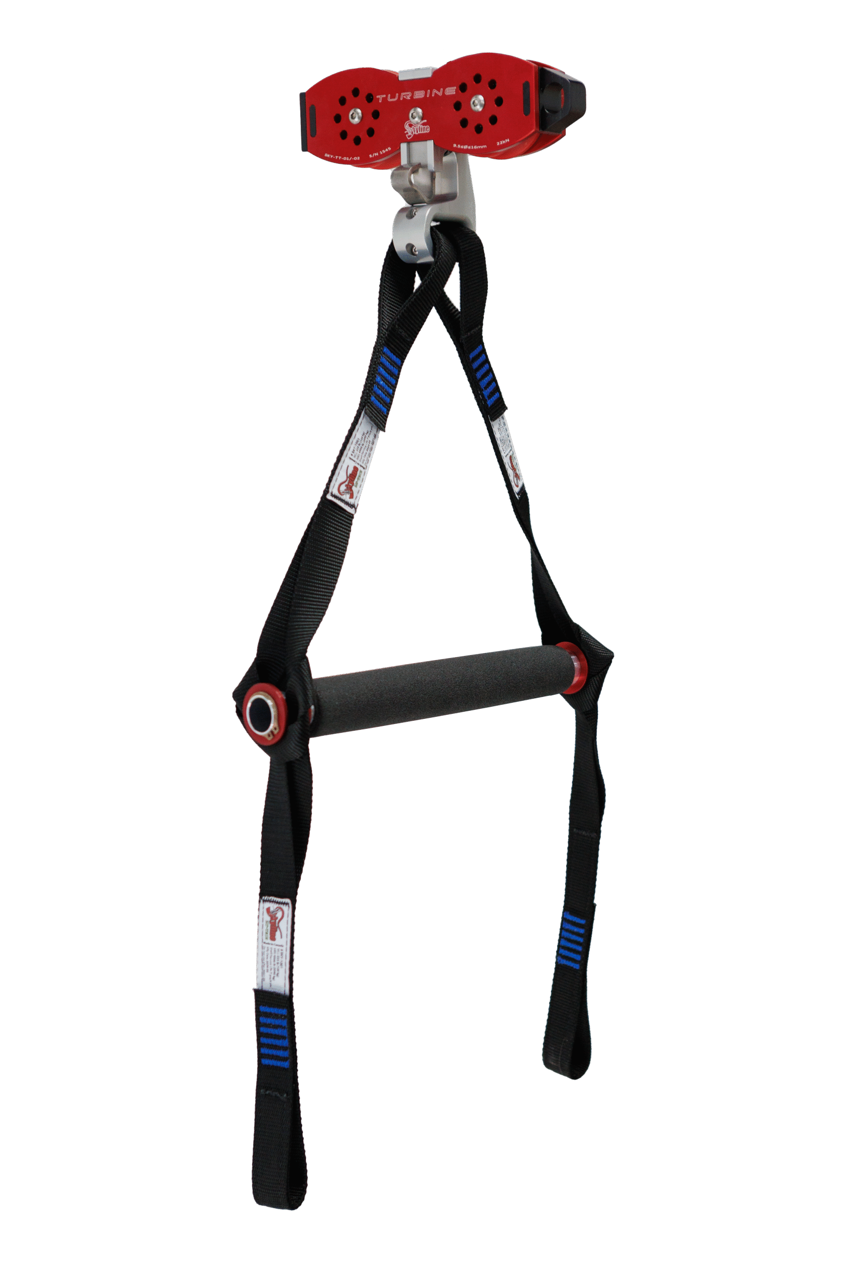 TurbineTrolleyWHarnessAngled Zipline Turbine Trolley